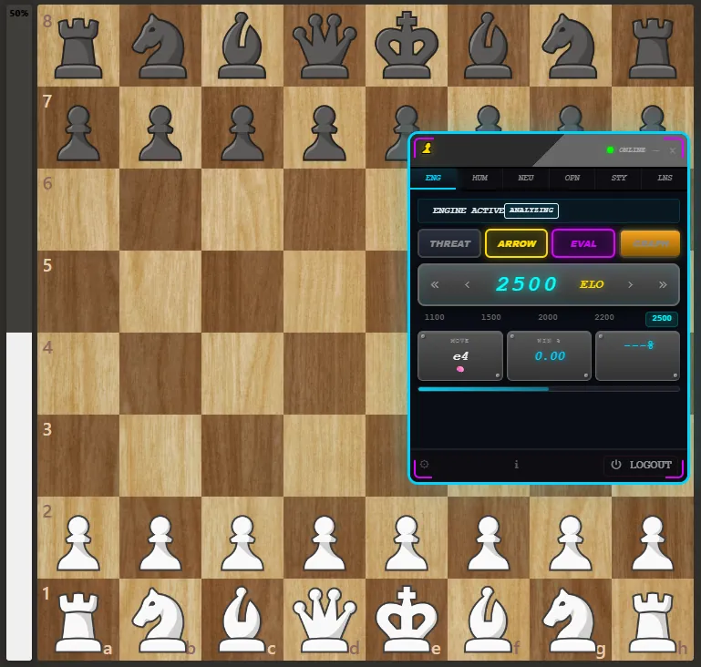 Titan Chess showing three candidate moves with probability arrows on chess.com